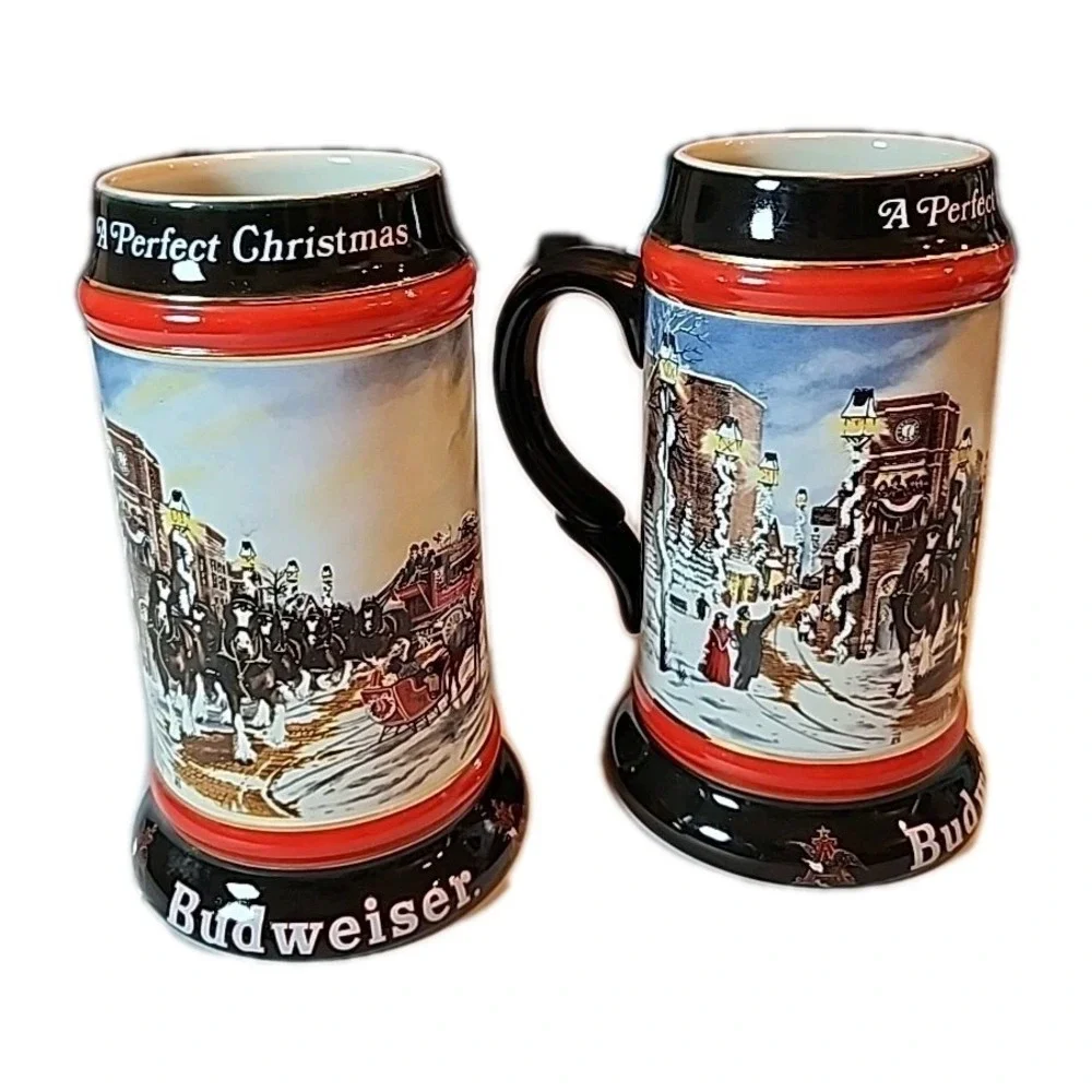 VTG 1992 Set Of 2 Budweiser Beer Christmas Steins Mugs Clydesdale Retro Art Gift